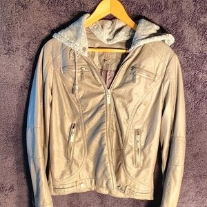 J2 Girl's Hooded Leather Jacket Size XL Gray Full Zip Front Pockets